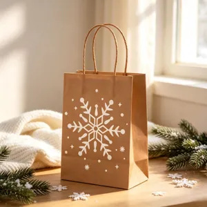 Brown kraft paper Christmas gift bag with printed white snowflake pattern