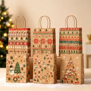 Set of Christmas kraft paper gift bags with festive Santa and snowman prints