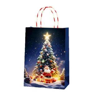 Christmas party paper gift bag with Santa Claus and decorated tree illustration