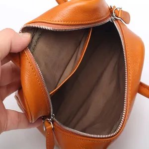 Genuine leather shoulder bag interior view, women small square handbag with zipper and pocket.
