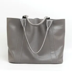 Grey leather tote bag for women, large capacity commuter shoulder bag, minimalist shopper style.