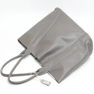 Classic grey leather tote bag for women, spacious casual shoulder bag for daily commuting.
