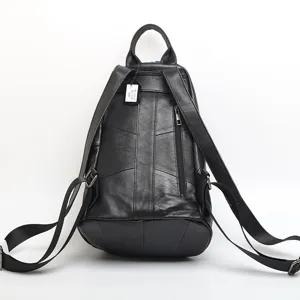 Sac à dos pour femme en cuir de vachette véritable noir, sac de voyage décontracté multi-poches.