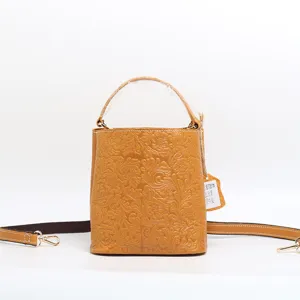 Womens Vintage Embossed Genuine Leather Bucket Bag Top Layer Cowhide Casual Handbag Retro Shoulder Crossbody Bag