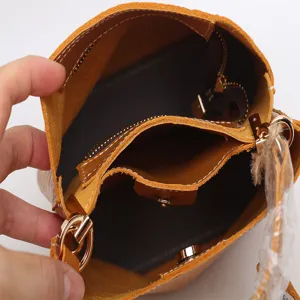 Genuine leather bucket bag for women retro orange shoulder crossbody bag interior view