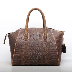 Brown crocodile pattern leather handbag for women, large capacity tote and shoulder bag.