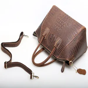 Brown leather crocodile pattern tote bag with shoulder strap for women fashion daily use