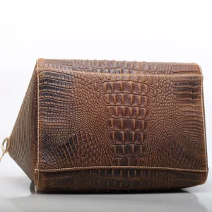 Vintage brown crocodile embossed leather tote handbag for women, large capacity stylish bag.