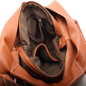 Brown Genuine Leather Tote Bag Large Capacity Casual Commuter Shoulder Handbag Interior View