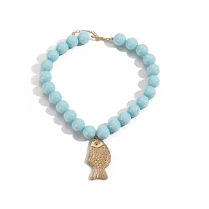 Collier de perles bleu clair avec pendentif poisson en or pour femme bijoux de mode