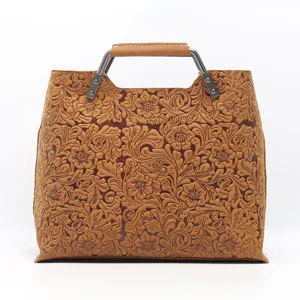 Vintage genuine leather handbag for women, retro floral embossed tote and shoulder bag.