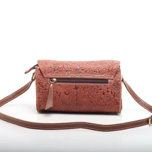 Genuine leather embossed crossbody shoulder bag for women retro brown casual daily use hand bag