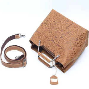 Vintage embossed cowhide leather handbag women shoulder messenger bag with strap