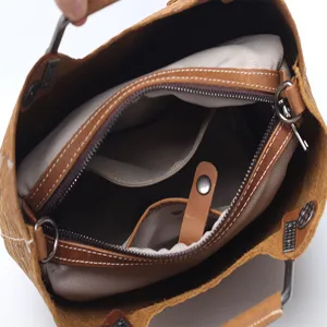 Genuine leather vintage crazy horse handbag crossbody bag interior view with multi-compartments