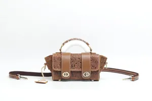 Brown genuine leather embossed vintage handbag, stylish top-handle shoulder crossbody bag.