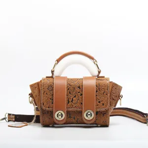 Vintage Top Layer Cowhide Leather Women Shoulder Bag Retro Embossed Crossbody Bag Casual Tote Bag Handbag