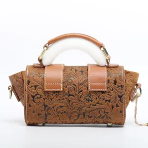 Genuine leather embossed handbag vintage top handle shoulder crossbody bag for women stylish