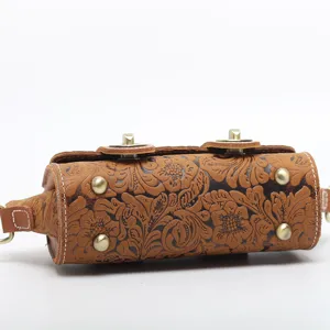 Genuine leather barrel handbag vintage embossed floral shoulder crossbody bag main view