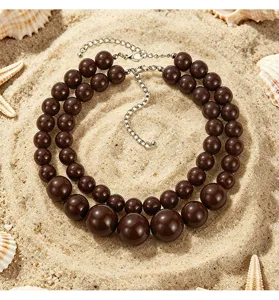 Collana statement con perline in resina marrone a doppio strato boho gioiello spiaggia.