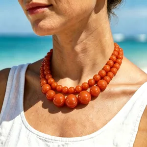 Collana girocollo bohémien a doppio strato in resina arancione per donna spiaggia estiva.