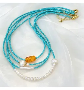 Squisita collana multistrato in turchese e perla d'acqua dolce, stile vintage chic.