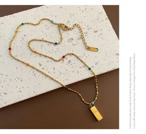 Titanium steel small gold bar necklace with colorful beads, chic clavicle chain for women.