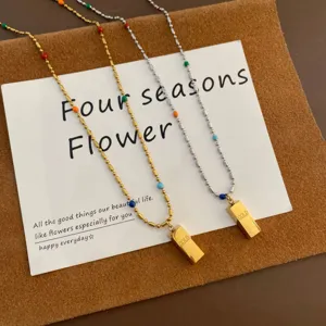 Minimalist Stainless Steel Bar Pendant Necklace For Women Light Luxury Niche Gold Bar Colorful Beads Clavicle Chain Jewelry Gift