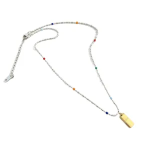Stainless steel chain necklace with colorful beads and gold brick pendant.