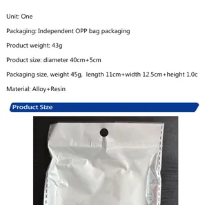 Detailed product specification and packaging view showing size, weight, and alloy resin material.