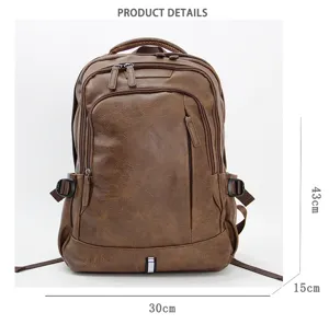 Vintage men's PU leather backpack, multi-pocket school and travel bag, 43x30x15cm brown.