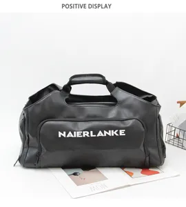 Large capacity black leather gym duffel bag with shoe compartment for travel and business.
