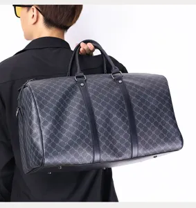 Men large capacity travel duffel bag stylish casual shoulder handbag dark grid pattern
