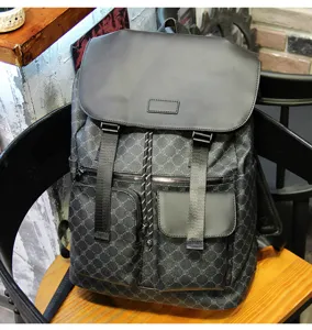 Men business casual checkered backpack laptop travel bag vintage style black grey rucksack