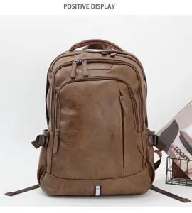 Vintage brown PU leather men's backpack casual laptop bookbag stylish travel bag.