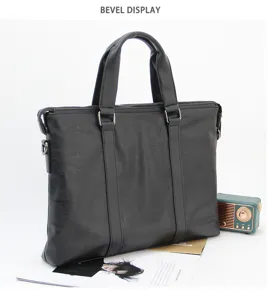 Black business briefcase for men, stylish commuter laptop bag with dual handles and zippers.