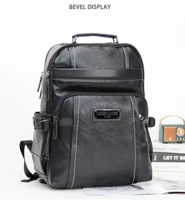 Stiloso zaino in pelle nera da uomo con scomparti multipli, ideale per viaggi e scuola.