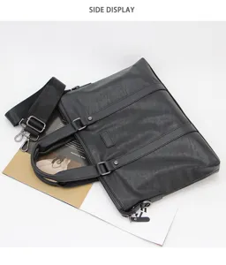 Men black business briefcase faux leather commuter laptop shoulder bag side display view