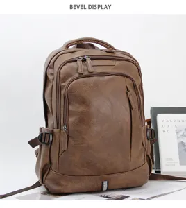 Brown PU leather vintage backpack detail view, multi-pocket design and sturdy handle.