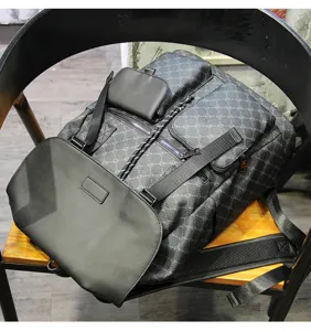 Detailed view of men's casual patterned backpack with multi-pocket design and front flap closure.