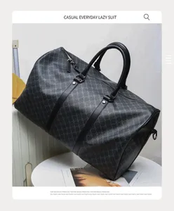 Men's large capacity travel duffel bag with classic monogram pattern and black leather trim.