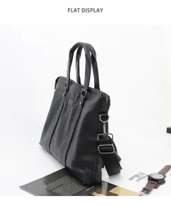 Black leather business briefcase for men, commuter laptop shoulder bag with dual handles.