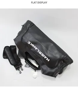 Detailed view of black travel duffel bag with shoulder strap, large capacity and durable design.