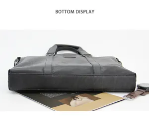 Bottom display view of black leather business men briefcase computer bag for commute work travel.