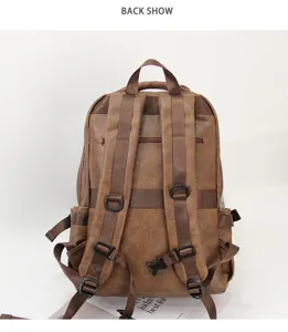 Back view detail of vintage brown leather laptop backpack showing sturdy straps and buckles.