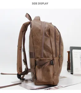 Men retro PU leather backpack side display casual laptop bag travel school rucksack