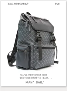 Men's backpack detailed view showcasing dark monogram canvas, black leather flap and buckles.