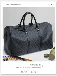 Detailed view of the stylish men's travel duffel bag showing durable handles and luxury grid pattern.