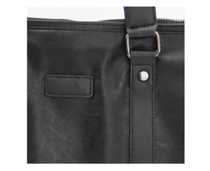 Black leather business briefcase detail shot, premium material and durable metal hardware for men.