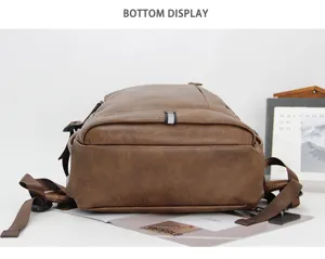 Backpack bottom detail view showcasing durable brown leather material and sturdy stitching.