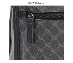 Detailed view of men's backpack with geometric monogram pattern, durable fabric and zipper.